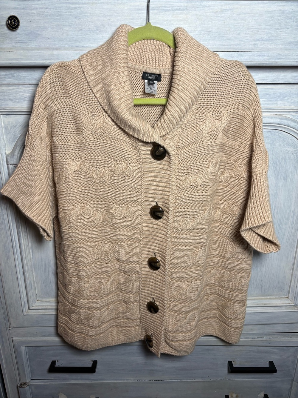 Talbots Camel Cableknit Short Sleeve Cardigan Polished Old Money Capsule Preppy - Picture 2 of 8